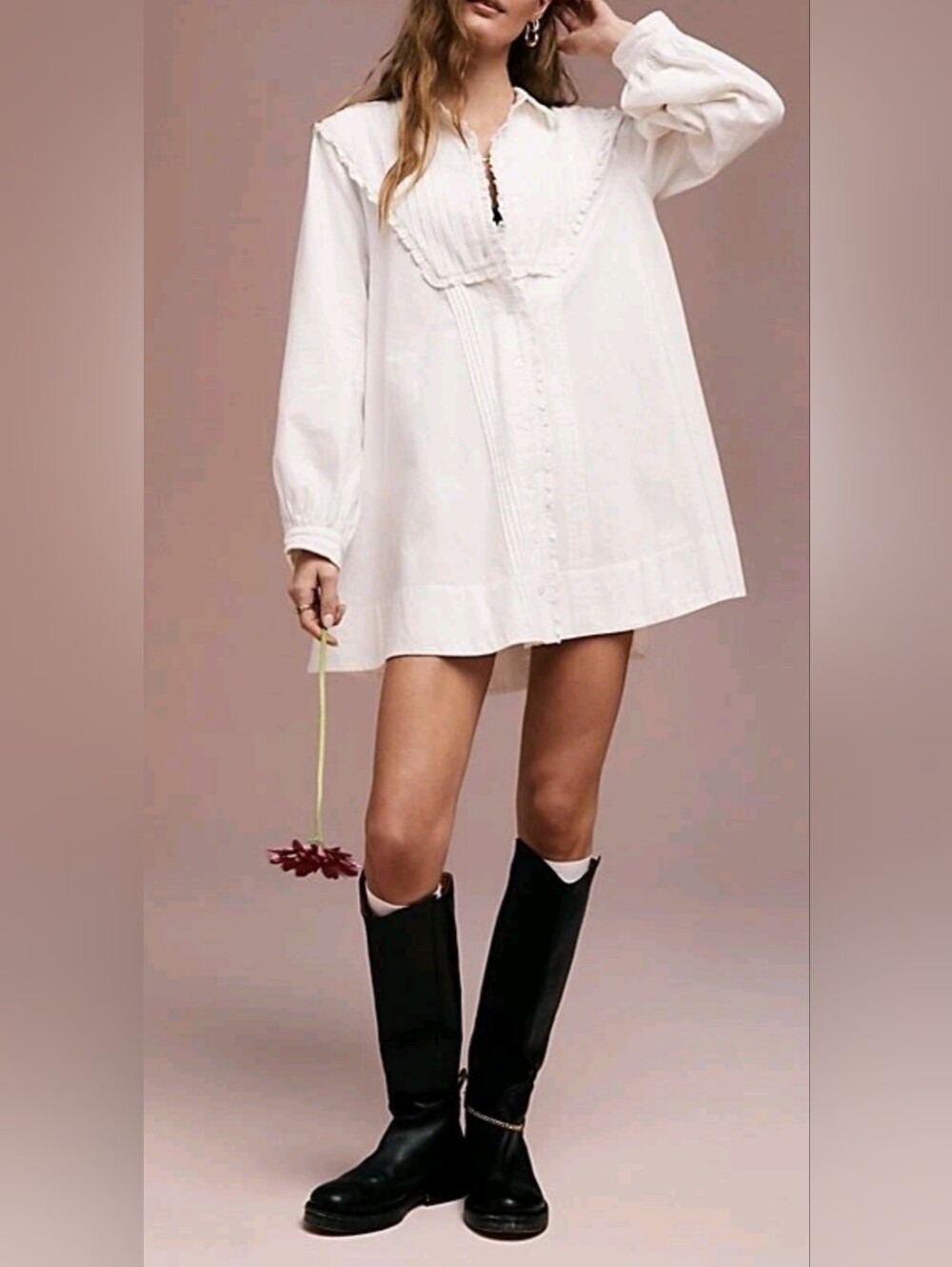 Free People White Long Sleeve Mini Dress Tunic Fairycore OveSized Small